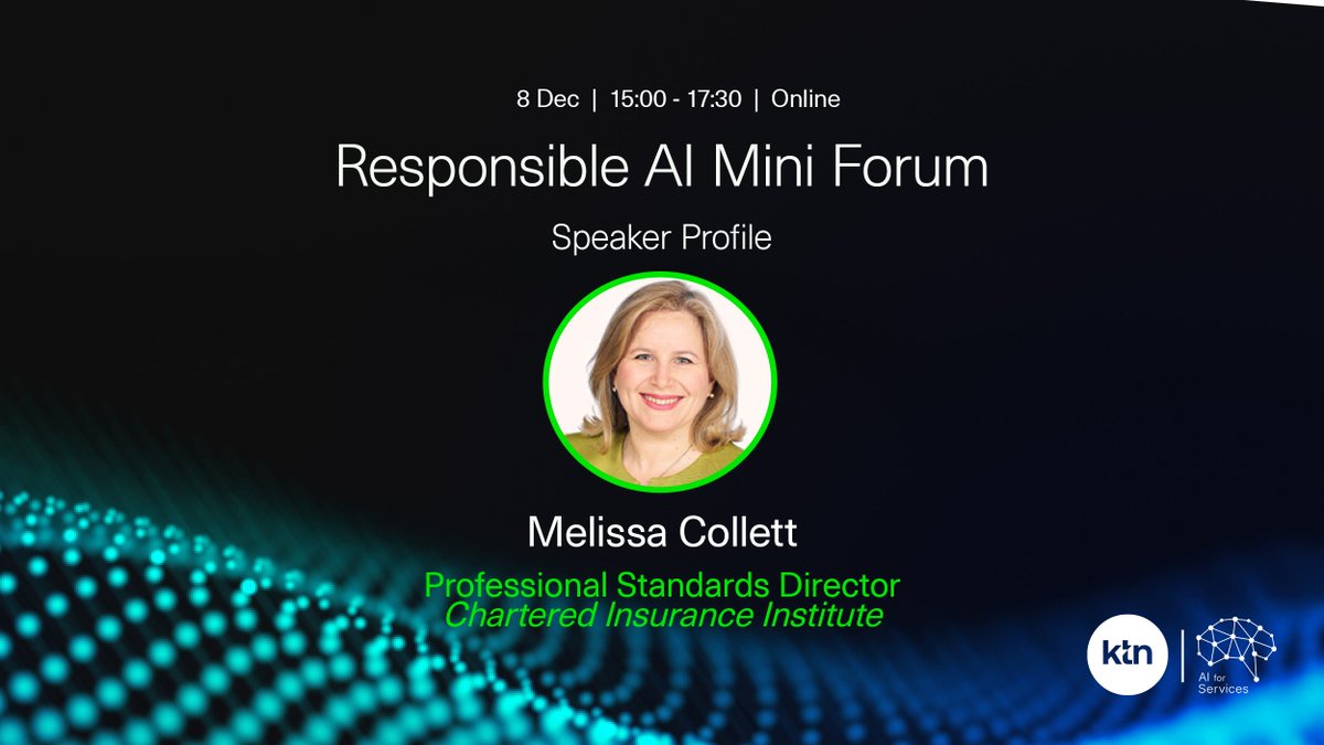 AIForServices's tweet image. Introducing Melissa Collett, Professional Standards Director @CIIGroup, as our guest speaker for the #ResponsibleAI Forum on 8 Dec.

Join us to discuss the implementation of #DataEthics in the professional services sectors → bit.ly/AI4ServicesFor…

@KTNUK @innovateuk #insurance