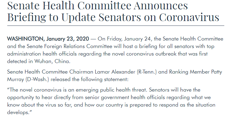On January 24th three weeks into her senate career, Loeffler attended a private Senate briefing by Dr. Fauci and Dr. Redfield which outlined the emerging threat of coronavirus. https://www.help.senate.gov/chair/newsroom/press/senate-health-committee-announces-briefing-to-update-senators-on-coronavirus