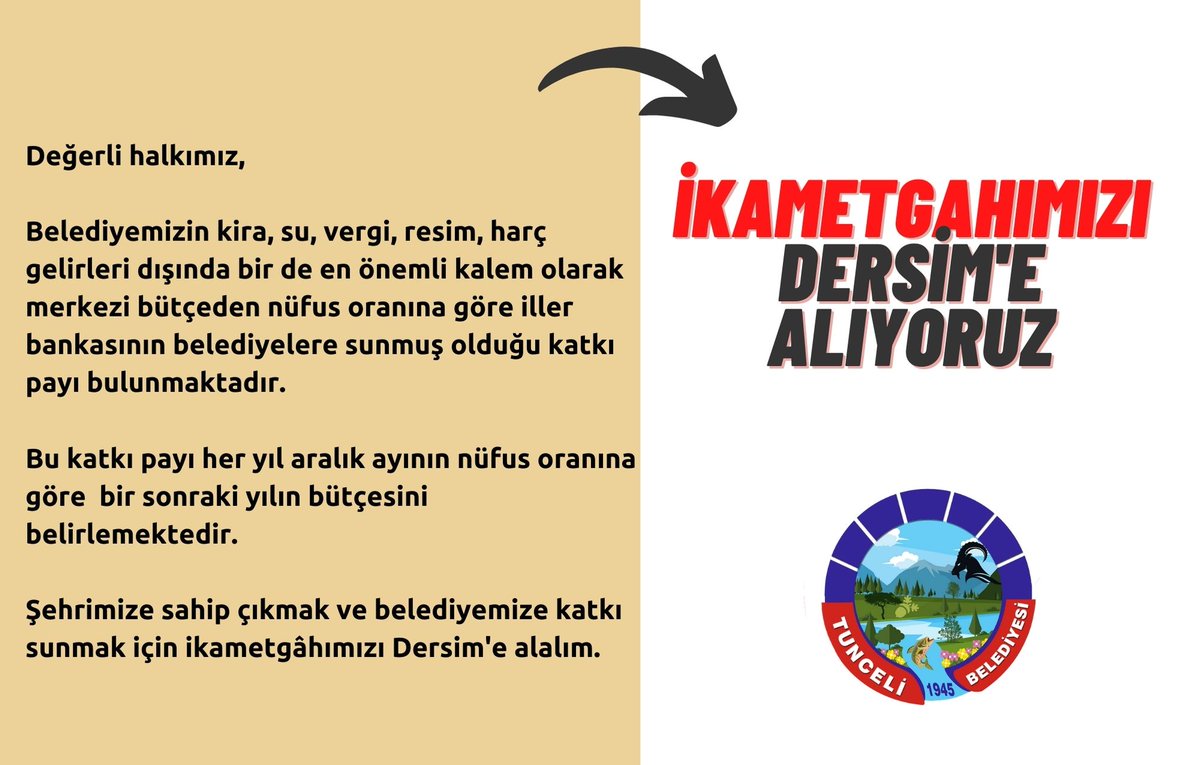 Şehrimize sahip çıkmak ve belediyemize katkı sunmak için ikametgâhımızı Dersim'e alalım!