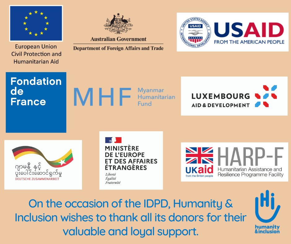 jerbobin's tweet photo. For the #IDPD2020, HI #Myanmar thanks all its donors for their support. ယနေ့ကျရောက်သော အပြည်ပြည်ဆိုင်ရာ မသန်စွမ်းသူများနေ့တွင် Humanity &amp; Inclusion အဖွဲ့အနေဖြင့် အလှူရှင်များ၏ အဖိုးမဖြတ်နိုင်သော စစ်မှန်သည့် အစဉ်ထောက်ပံ့မှုများအားလုံးအတွက်  ကျေးဇူးတင်ကြောင်း ပြောကြားလိုပါသည်။ https://t.co/ZUwIuWrzSg
