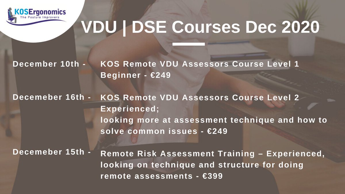 There has been huge interest for DSE Assessor training and in particular how to upskill DSE Assessors how to do remote assessor training.

Book online now : lnkd.in/emHcQ29 or email enquiries@kos.ie

#vducourses #dse #hsa #healthandsafety #Ireland