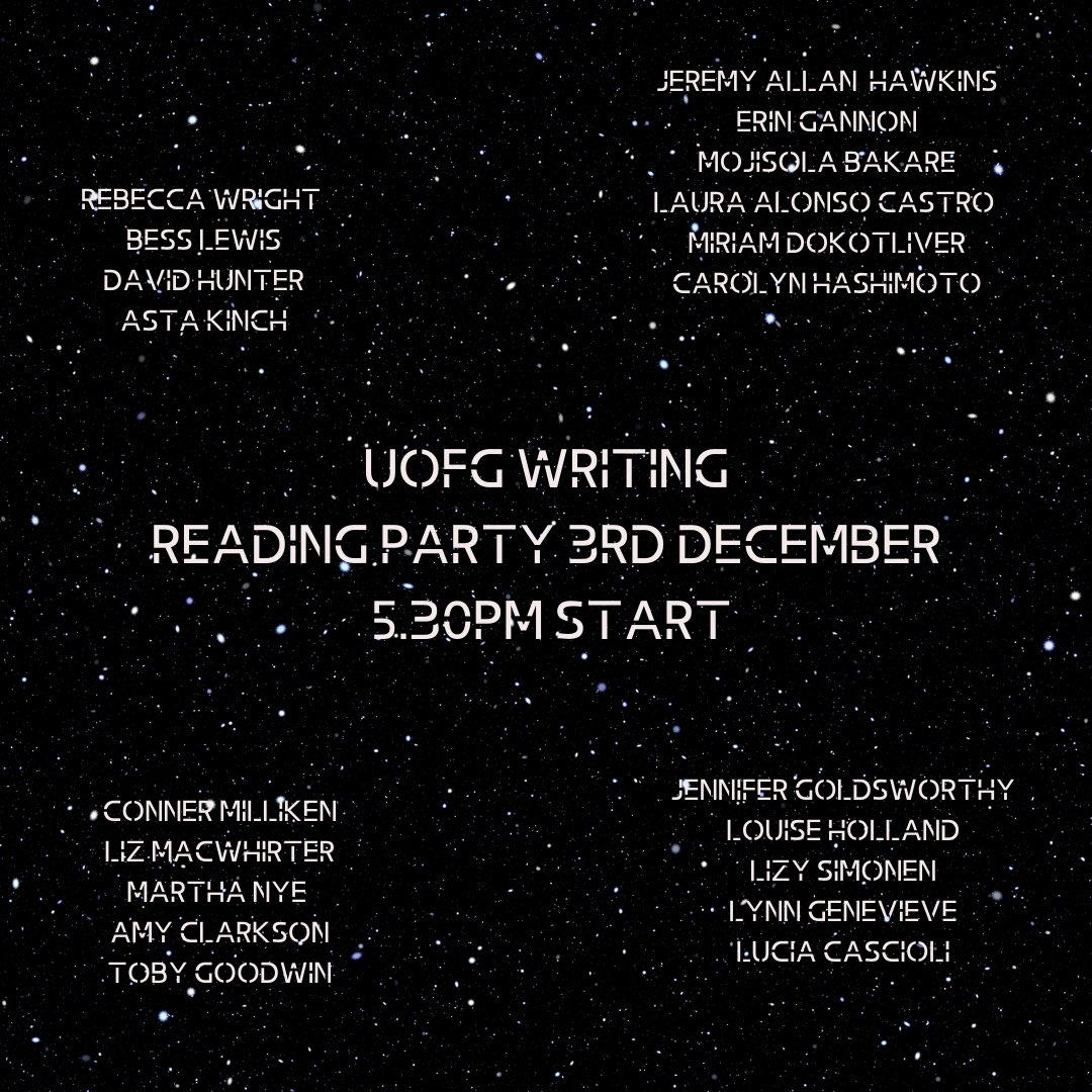 UofGWriting's tweet photo. We’re so looking forward to hearing our students read new work tonight at our zoom Reading Party... https://t.co/wTcX0pffrb