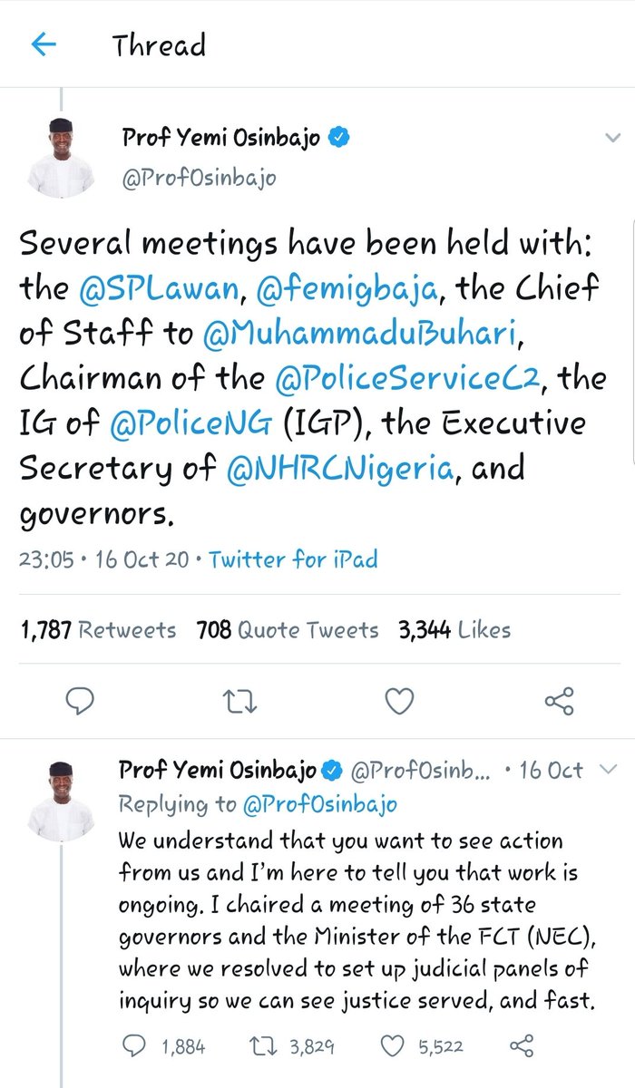 I_Am_Ilemona's tweet photo. Do you guys know how wild this is? The VP - a SAN - met with the IG of @PoliceNG &amp; @POLICESERVICEC2 before the decision to set up the panels was announced.

6 weeks later, the Police are challenging the validity of the panels of enquiry.

There was no intention to #EndSARS https://t.co/tR0VN0k79a