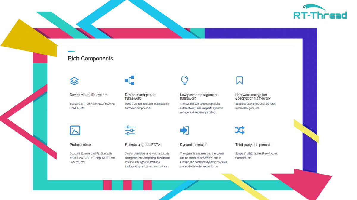 rt_thread's tweet photo. RT-Thread has a wealth of built-in #Components that can provide basic services for #SoftwarePackages. Simply put, if software packages are the bricks and tiles for building a skyscraper, components are the solid foundation, playing a critical role in #IoT development. #OpenSource https://t.co/jSgTKX5TCr