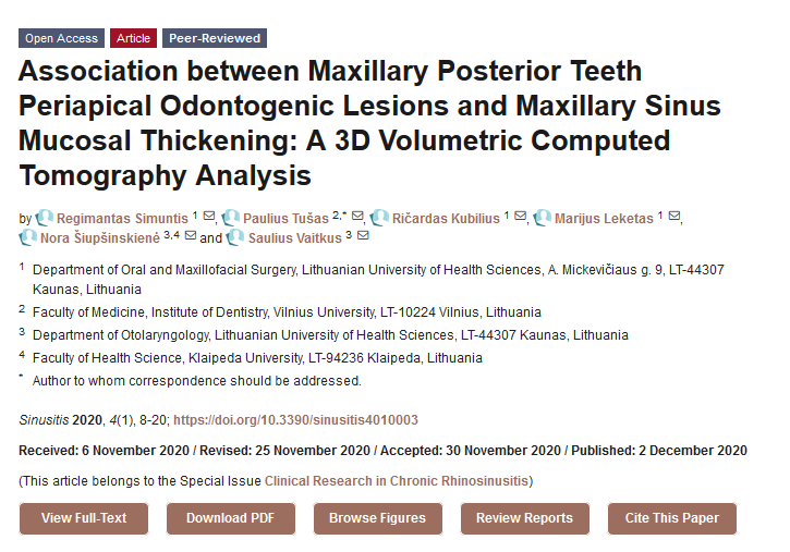 MdpiSinusitis's tweet photo. The paper published in #specialIssue #ClinicalResearch in #ChronicRhinosinusitis, Association between Maxillary Posterior Teeth Periapical Odontogenic Lesions and #MaxillarySinus Mucosal Thickening: A 3D Volumetric Computed Tomography Analysis https://t.co/5Zu0cC29aj https://t.co/xvRfckn7MU