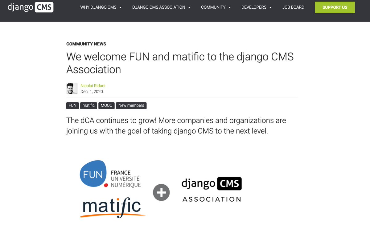 FunMooc's tweet image. We are proud to announce #FunMooc is now a new member on board of the django CMS Association!  #OpenSourceProject #Django #codebase cc @djangocms
 django-cms.org/en/blog/2020/1…