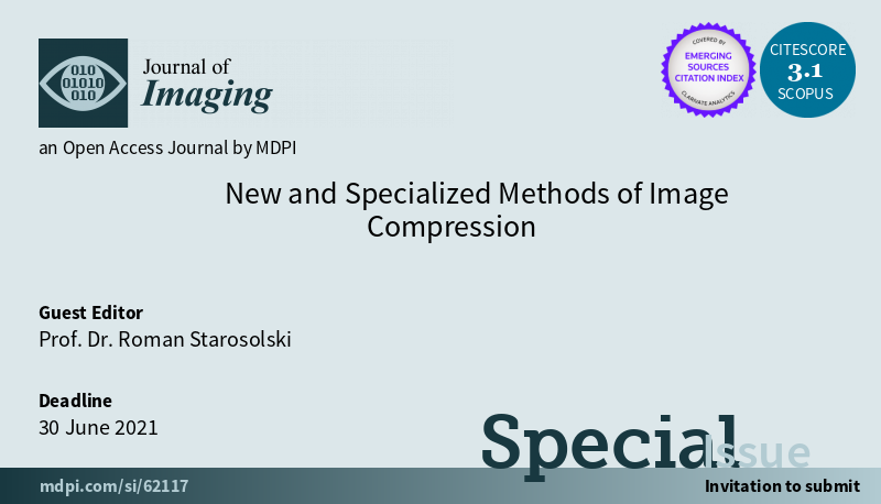 J_Imaging_MDPI's tweet image. New Special Issue "New and Specialized Methods of Image Compression" is now open for submissions #imagecompression #imagecoding #imageprocessing
Find out the details here: mdpi.com/journal/jimagi…
Deadline: 30 June 2021