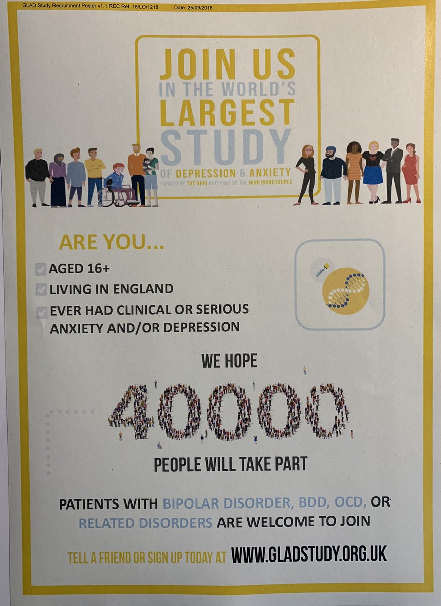 30-40% of the risk of depression and anxiety is genetic. Help the <a href="/GLADStudy/">GLADStudy</a> to better understand the genetic links to #depression and #anxiety and how genes and the environment interact.

gladstudy.org.uk enter Mersey Care as your NHS Trust.
 
youtu.be/HUI5eFXevvk