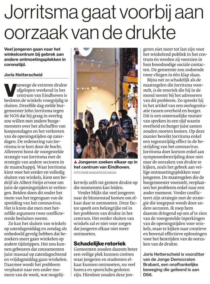 Vandaag heeft het Eindhovens Dagblad ons stuk geplaatst over de drukte in het centrum van Eindhoven en de uitspraken van de burgemeester van het afgelopen weekend.