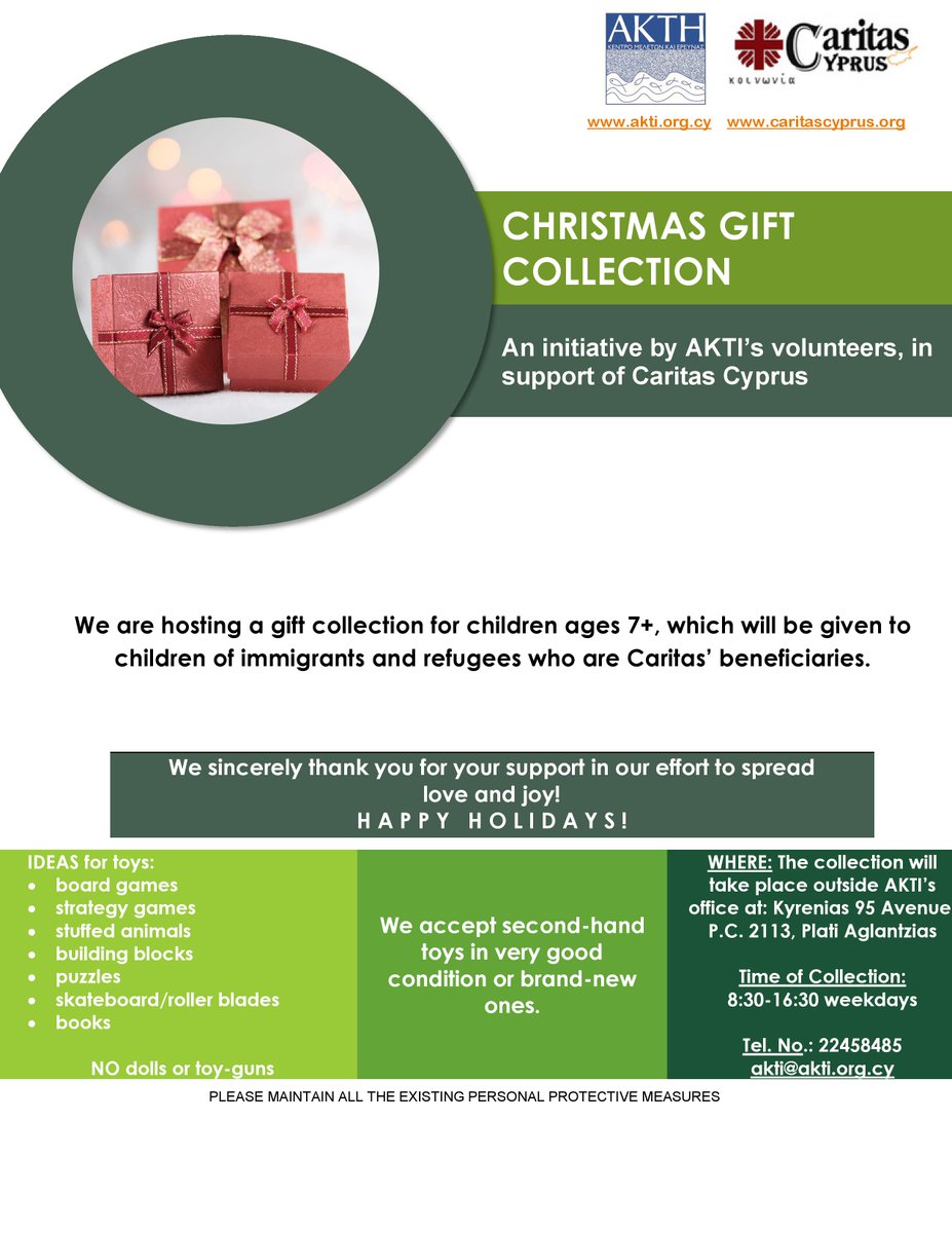 GoSocialCy's tweet image. Our gift collection initiative for Volunteering week! 
Please consider donating toys in good condition for children ages 7+ until the 18th of December at AKTI's office in Keryneias 95, Plati Aglantzias, Nicosia! 

For more details call +35722458485