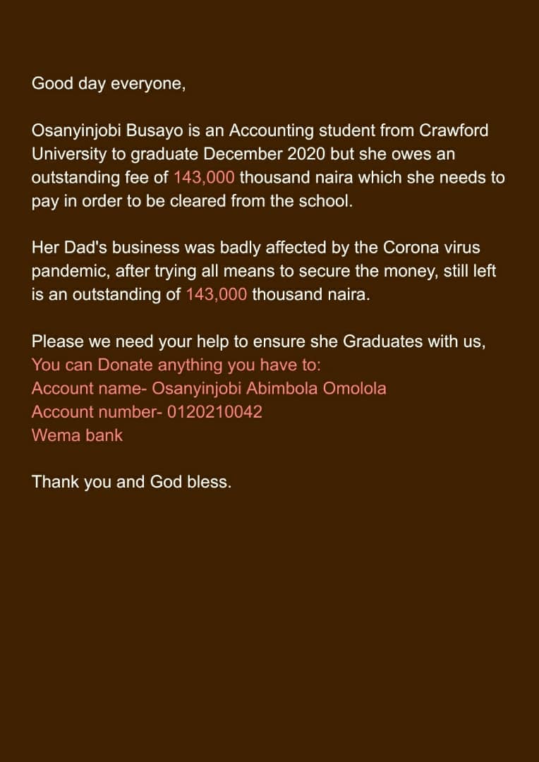 chiamakadk's tweet photo. Down to N143,000. Please let's keep pushing. Busayo must graduate. #helpbusayograd https://t.co/dD8E1ygMhG