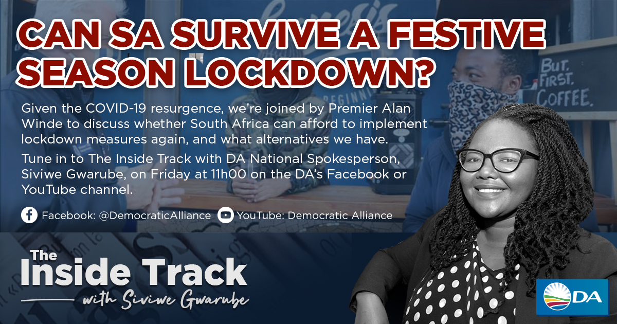 🔐| Can SA survive a festive season lockdown?
Tomorrow at 11am, DA National Spokesperson @Siviwe_G will host a live broadcast with WC Premier @alanwinde to discuss whether SA can afford lockdown, and what alternatives we have.
📲 live on the DA's Facebook and YouTube channel. https://t.co/jztZ3HP3s9