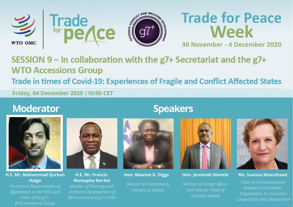 g7plus's tweet photo. er
@g7plus "call for concerted support in our efforts 2 curb #COVID19" call all actors 2 Support for Economic Recovery, Self-reliance &amp; the Sustaining Peace Agenda in countries affected by conflict and fragility. Join @wto #trade4peace week. register here https://t.co/QiKMlGT4W7 https://t.co/CFaCp8RPbE