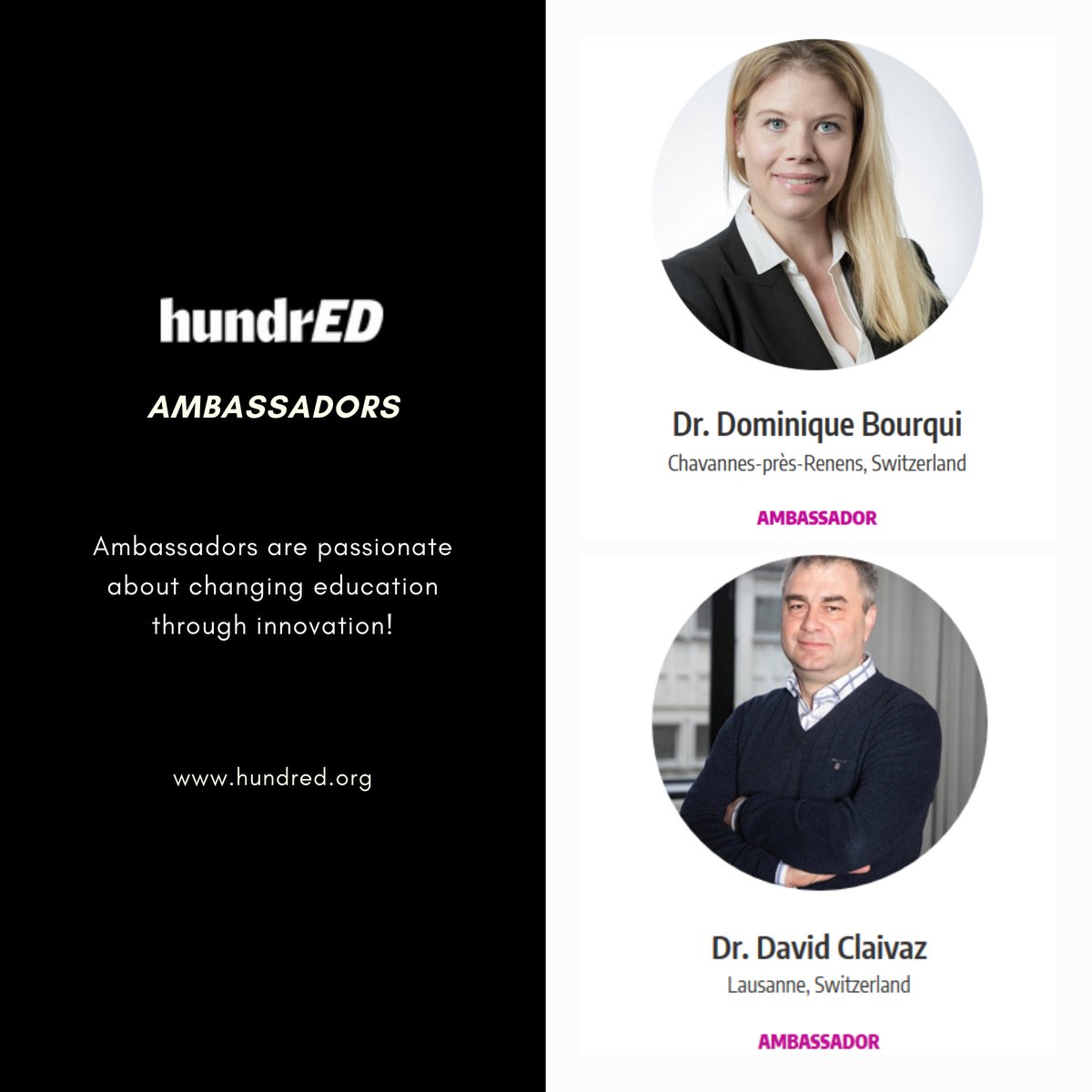 edpivot's tweet photo. Dominique Bourqui and David Claivaz are ambassadors at HundrED and are committed to transforming education through innovation. https://t.co/eDPYAgS9ch

As ambassadors, they help identifying impactful innovations and help them spread. https://t.co/edDIdMVxna