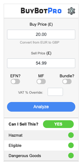 You start by entering your product buy price.It gives you a suggested sell price (based on the current buy box price).It tells you if you're eligible to sell and if it's hazmat (very important).You then hit Analyze...THREAD 2/6