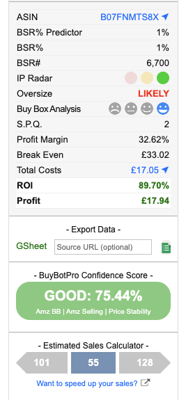 Now for the MOST important information!What the PROFIT is and a confidence level of how good the deal is.This is REALLY useful for newbie sellers as it does the hard analysis for you.It even gives you a suggested purchase qty (S.P.Q) based on your budget!!THREAD 3/6