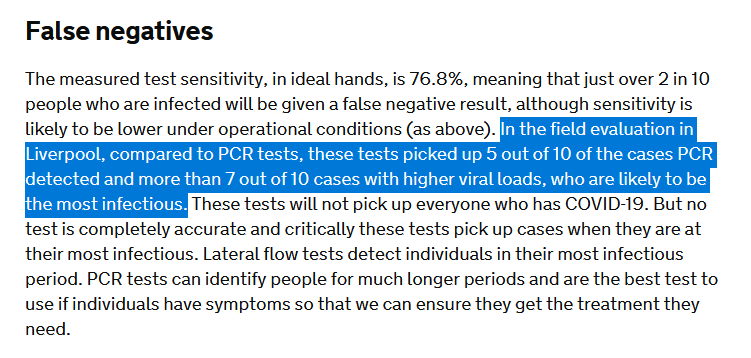 In the Liverpool trial, only *5 out of 10* cases were detected (and *7 out of 10* cases with 'higher' viral loads).Not the same as the 76.8% and 95% from ideal conditions. Very far from it.