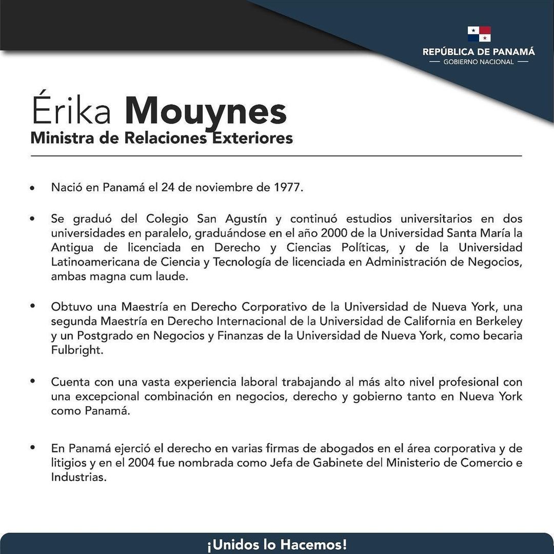 embpanamaven's tweet photo. El presidente Laurentino @nitocortizo Cohen ha designado como nueva ministra de relaciones exteriores a @ErikaMouynes. #TrabajandoPorPanamá https://t.co/TZAR0JXa9e