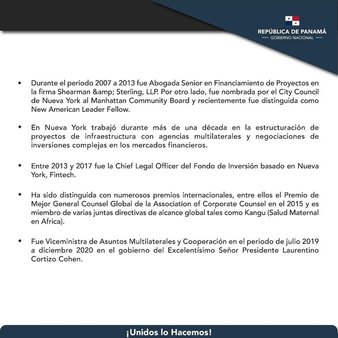 El presidente Laurentino <a href="/nitocortizo/">Nito Cortizo</a> Cohen ha designado como nueva ministra de relaciones exteriores a <a href="/ErikaMouynes/">Erika Mouynes</a>. #TrabajandoPorPanamá