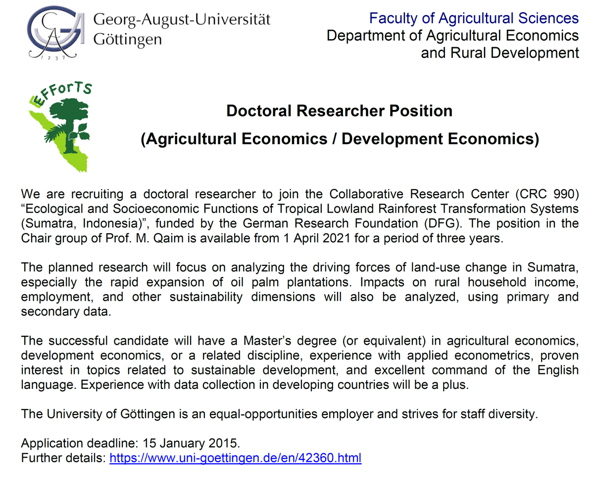 Matin Qaim (@matinqaim) on Twitter photo We are recruiting a new doctoral researcher to join our research on sustainable land use in Indonesia, related to oil palm, deforestation, and rural poverty. <a href="/uniGoettingen/">Uni Göttingen</a> <a href="/efforts_crc990/">EFForTS - CRC 990</a> Please share with potentially interested candidates. More details: uni-goettingen.de/en/42360.html We are recruiting a new doctoral researcher to join our research on sustainable land use in Indonesia, related to oil palm, deforestation, and rural poverty. <a href="/uniGoettingen/">Uni Göttingen</a> <a href="/efforts_crc990/">EFForTS - CRC 990</a> Please share with potentially interested candidates. More details: uni-goettingen.de/en/42360.html