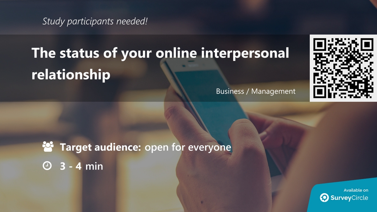 daily_research's tweet image. Participants needed for online survey!

Topic: &quot;The status of your online interpersonal relationship&quot; surveycircle.com/en/surveys/?sr… via @SurveyCircle

#ConsumerBehavior #consumers #InternetBehavior #InterpersonalRelationship #survey #surveycircle