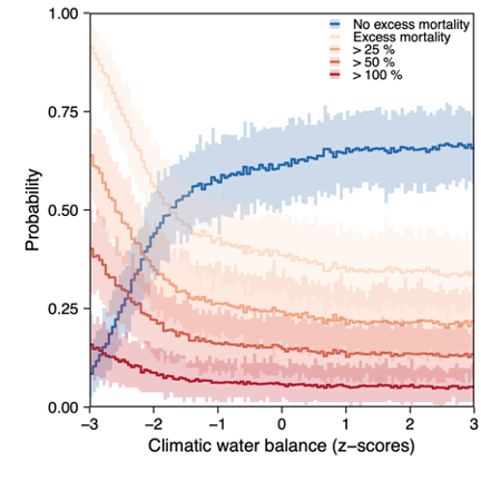 We combined this with reanalysis data to test whether excess forest mortality was statistically linked to drought. We used the integrated climatic water balance (CWB) from March to June. We find that a low CWB leads to increased probability of excess forest mortality.