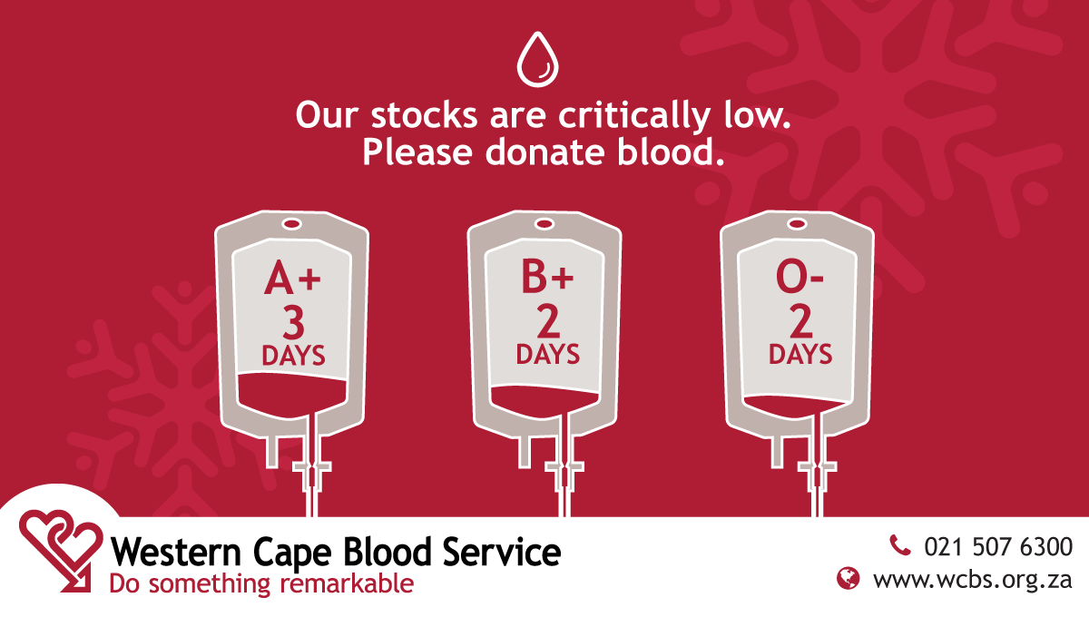 The_WCBS's tweet photo. The #WesternCape is running low on group A+, B+ and O- blood stocks. Please donate blood. To find your closest blood donation clinic please download the #WCBSapp for Android and iOS, visit our website (link in bio) or send a WhatsApp to 060 549 7244. https://t.co/Gz7fwfJwb7