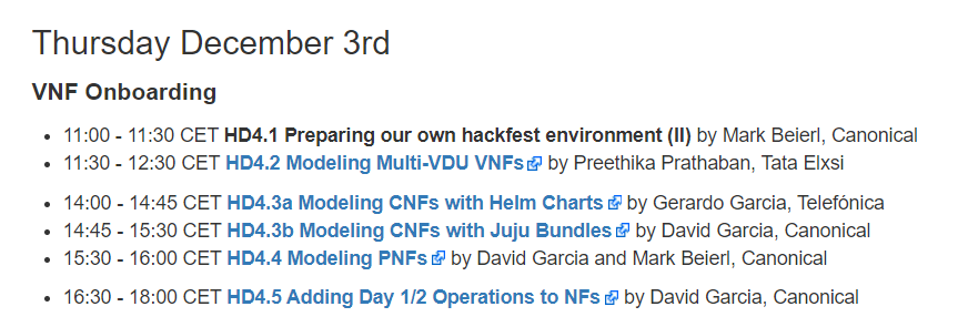 OpenSourceMANO's tweet image. Today we have a full day dedicated to modeling and on-boarding VNFs, CNFs, PNFs, lead by David García and 
@MarkBeierl (@Canonical),  Preethika P (@tataelxsi) and @garciadeblas (@Telefonica) at #OSM10hackfest

Check out the sessions and examples at osm.etsi.org/wikipub/index.…

#OSM