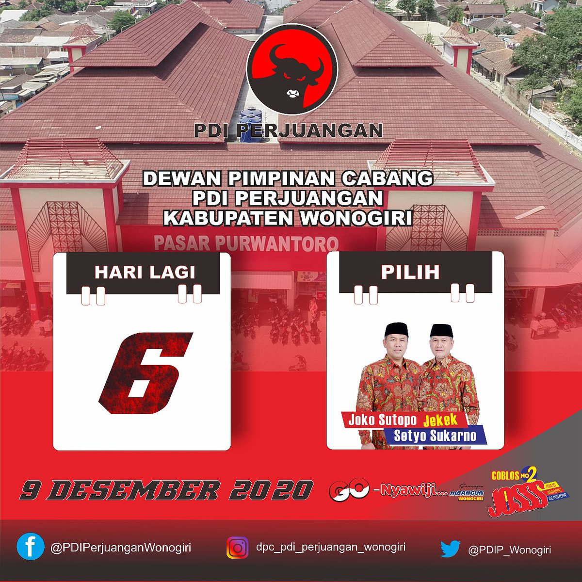 Kurang 6 Hari Lagi Menuju PiLkada Kabupaten Wonogiri 9 Desember 2020.
.
Ayo Semangat Datang ke TPS. CobLos Nomer 2. Pasangan JOKO SUTOPO &amp; SETYO SUKARNO
.
Tetap Patuhi ProtokoL Kesehatan ya. Budhal TPS Nganggo Masker Lurrr.
.
#PilkadaSerentak2020
#PDIPerjuangan
#SolidBergerak