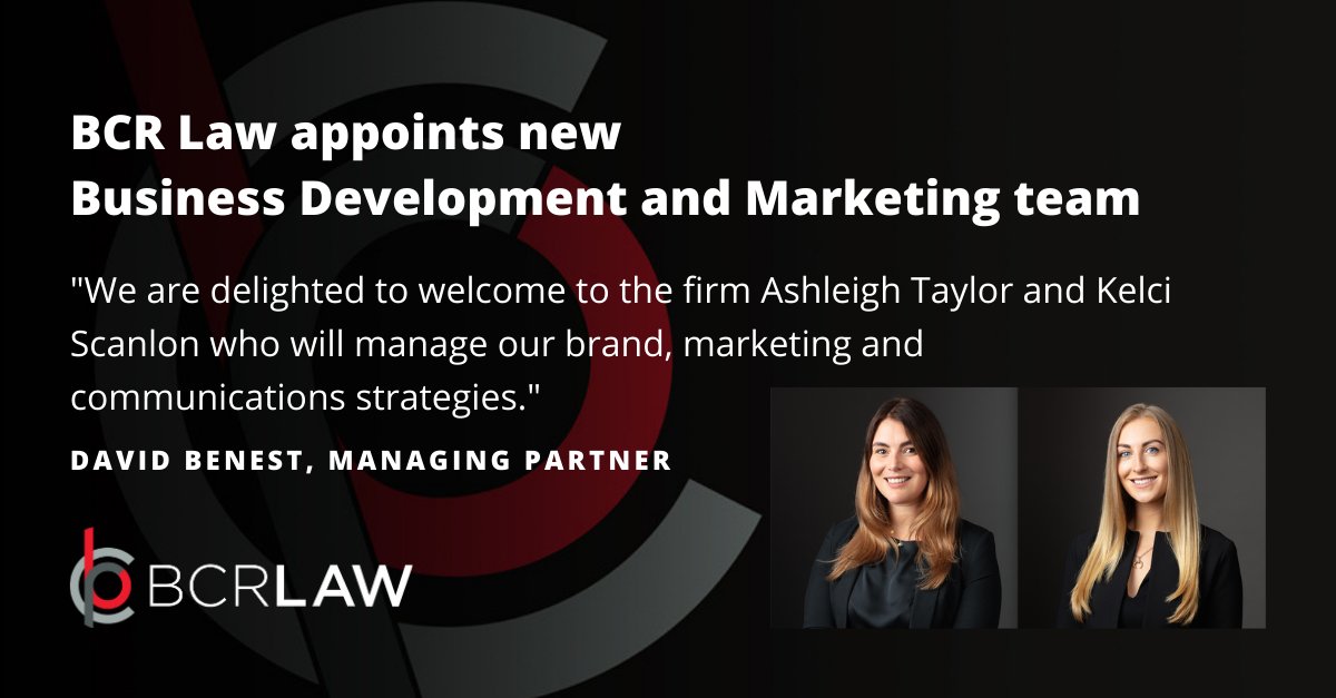 bcrlawllp's tweet photo. We are delighted to welcome Ashleigh Taylor, Business Development Manager and Kelci Scanlon, Marketing &amp; Communications Executive, to the BCR Law team. https://t.co/qpgvyodAZr https://t.co/Yzb9cqAPT5