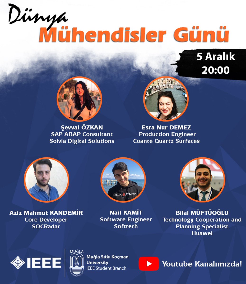 ieeemsku's tweet image. 5 Aralık Mühendisler Gününde okulumuz mezunlarıyla bir araya gelerek okul ve iş hayatlarından tecrübe aktarımı yapacağımız hem de mühendisler günümüzü kutlayacağımız bir yayın sizi bekliyor.5 Aralık Cumartesi günü saat 20.00’da YouTube kanalımızda biz de sizleri bekliyor olacağız