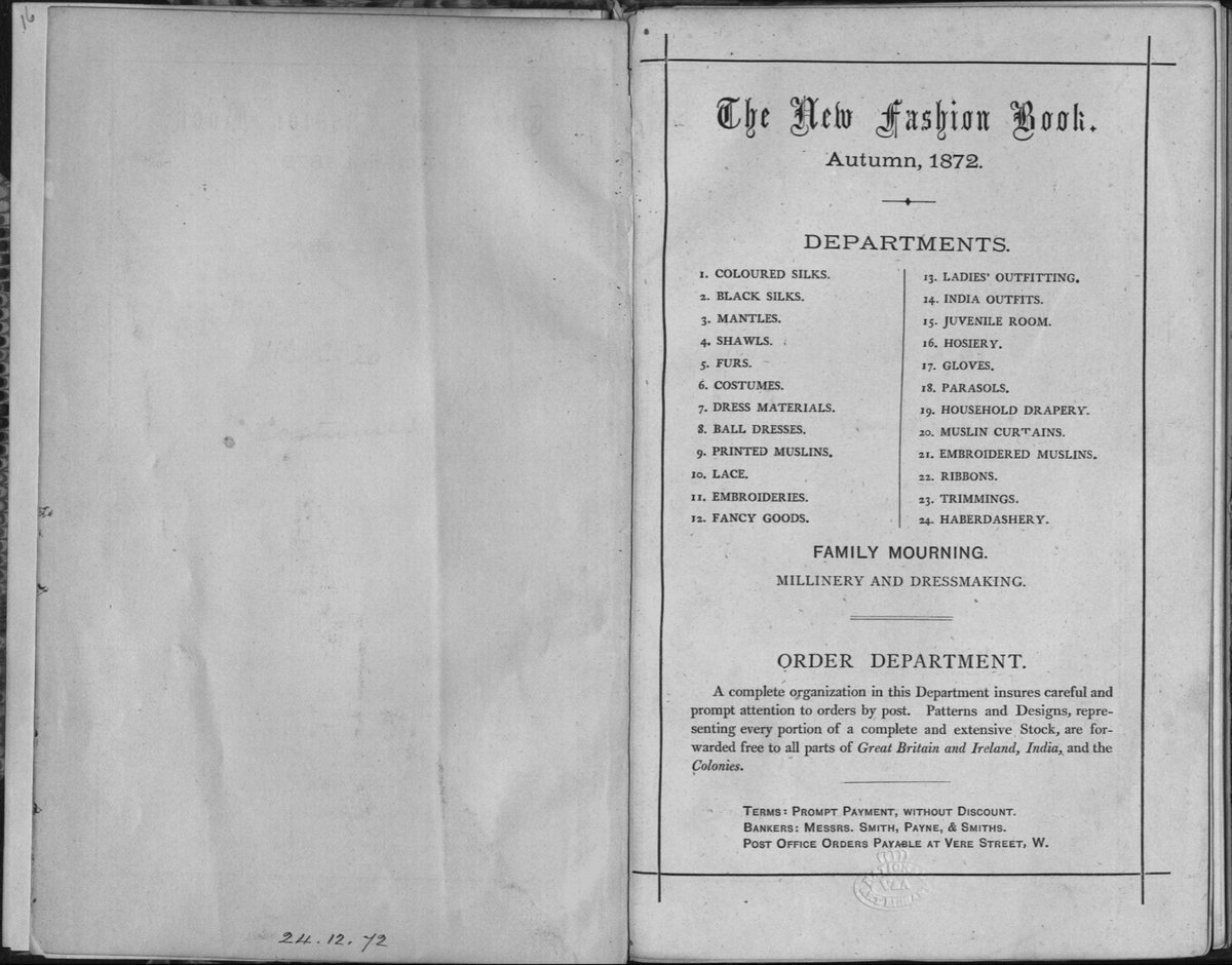Their 1872 “Fashion Book” was for the attentions of mail order customers, who wished to shop at Debenham and Freebody from the comfort and convenience of their own homes, which could apparently be as far away as New Zealand, with the help of the Post Office!