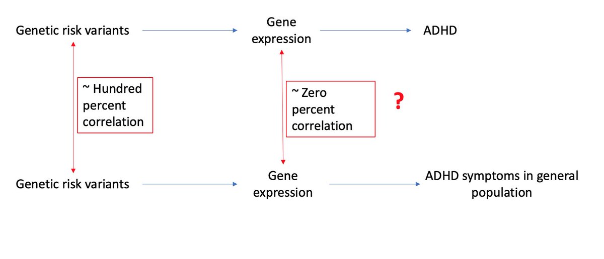 The genetic correlation between ADHD and ADHD symptoms was 1, but the transcriptomic correlation was zero. I still keep wondering why.This is a slide from my PhD defence which  @cathrynlewis might remember; she was one my opponents :)