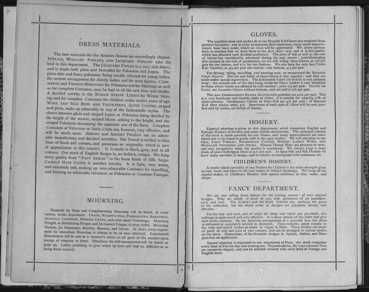 Customers purchasing mourning dress got special attention. “Experienced Dressmakers” would be sent to their homes in “all parts of the country upon receipt of telegram or letter,” presumably to assist with the selection and fitting of their orders - impressive customer service!