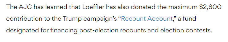 It's also important to point out that Loeffler is known as a Mega-donor.She gave over $580 000 to Trump's victory fund & has given over $3.2 million to various political committees (97% of which was to Republicans)She also donated the max - $2800 to Trump's "Recount Account"
