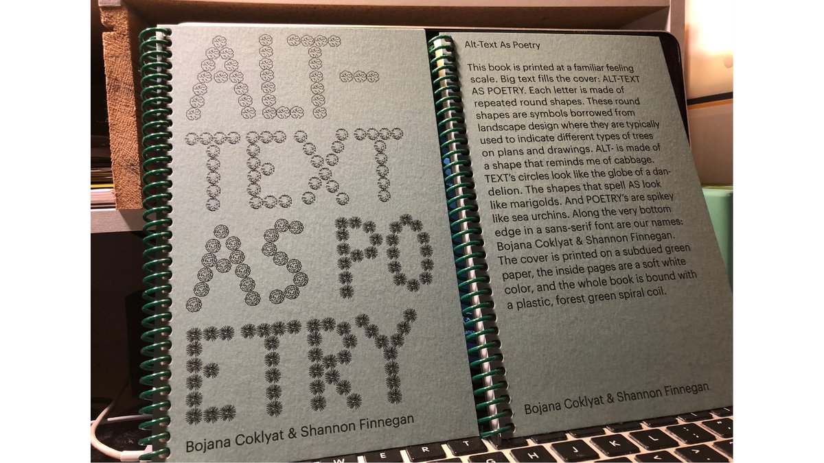 Alice Wong (@disvisibility) on Twitter photo All new! Alt-Text As Poetry workbook set by <a href="/bojana_coklyat/">Bojana Coklyat 👩🏻🦯🐙</a> & <a href="/shanfinnegan/">Shannon Finnegan (they/them)</a> 📒📒📒
Check out this amazing project! You can access the workbook as a text doc, Google doc, audio, PDF, and hard copy: alt-text-as-poetry.net
#AccessIsLove #AltTextAsPoetry #a11y All new! Alt-Text As Poetry workbook set by <a href="/bojana_coklyat/">Bojana Coklyat 👩🏻🦯🐙</a> & <a href="/shanfinnegan/">Shannon Finnegan (they/them)</a> 📒📒📒
Check out this amazing project! You can access the workbook as a text doc, Google doc, audio, PDF, and hard copy: alt-text-as-poetry.net
#AccessIsLove #AltTextAsPoetry #a11y