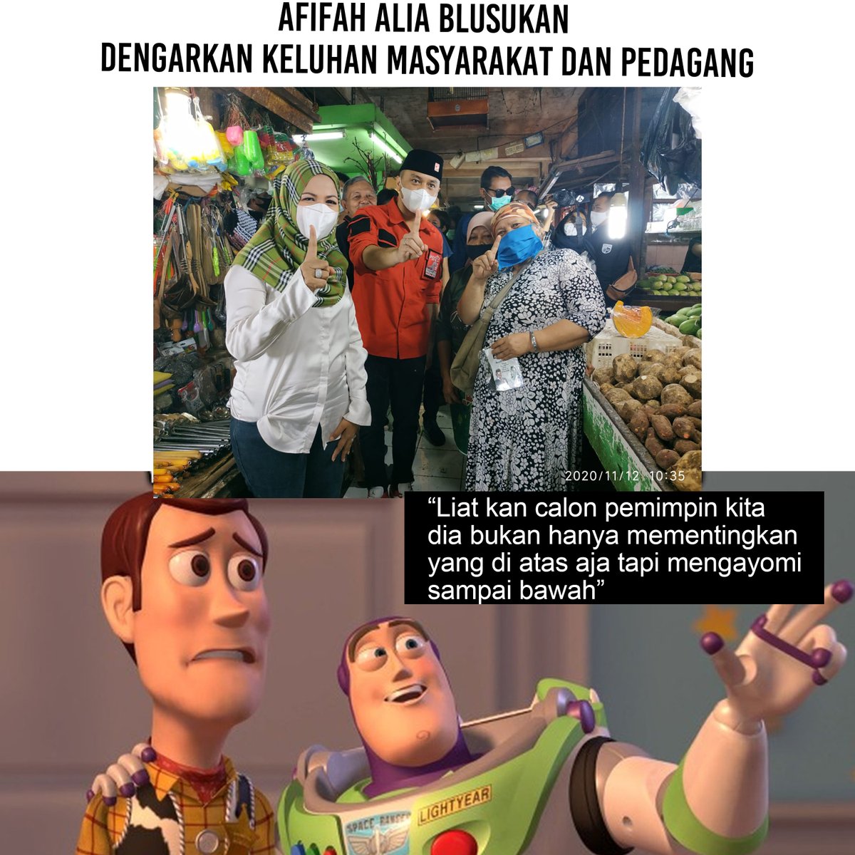 safirakarrr's tweet photo. untuk memilih pemimpin tuh pertimbangannya kudu mateng jg yaa. selain visi misinya liat jg apa yg udah mereka lakuin biar g milih org yg bisanya janji doang. nih salah satunya, mereka blusukan ke pasar demi memajukan pasar tradisional. https://t.co/UnTkENVilq