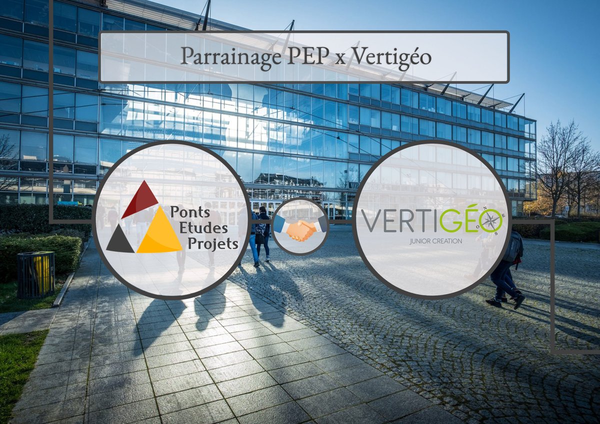 [PEPxVertigéo]
Ponts Études Projets a l’honneur de pouvoir parrainer Vertigéo, la Junior-Création de l’ENSG Géomatique. Ce parrainage, riche de sens, lie deux Junior avec des expériences différentes, mais partageant la même ambition de réaliser un travail de qualité. 

#JE #CNJE