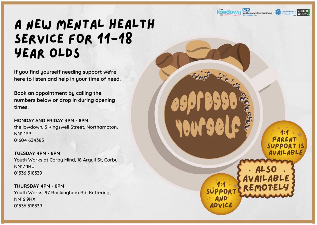 Espresso Yourself is a new Well-being drop-in service provided by our colleagues @Youth_Works and <a href="/thelowdownNN1/">The Lowdown</a>.
It is open tonight 4pm - 8pm at the Keystone centre in Kettering on 97 Rockingham Road. 
#crisis #youarenotalone  #gethelpwhenyouneedit #supportlocal