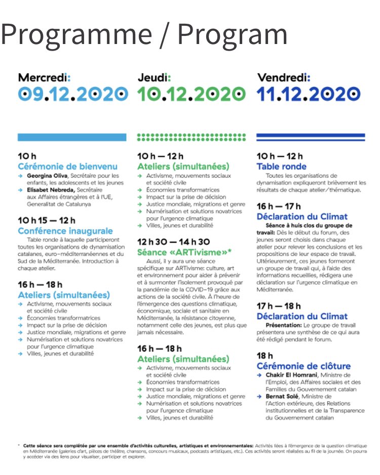 📣 « Jeunes et Méditerranée - Climat 2020 », le Forum virtuel Jeunesse et Climat en Méditerranée+25 du <a href="/govern/">Govern de Catalunya</a> de #Catalogne

🗓️ 9-11 décembre
🗣 En français et anglais

📌 Si vous avez entre 16 et 30 ans, inscrivez-vous 👉 jovecat.gencat.cat/ca/orfes/formu… jusqu’au 6/12 ‼️
Programme 👇