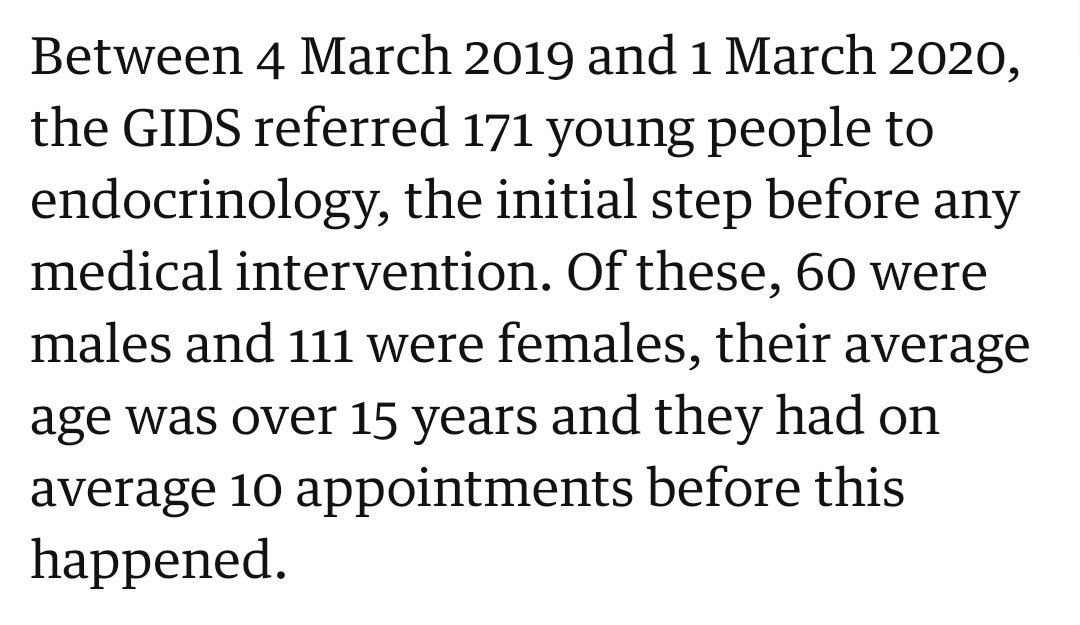 Unlike many other stories on various media platforms over the last 48 hrs, the article reminds us that we're dealing with a small number of people referred to the Tavistock, that it's a long process with clinicians and that patients tend to be well beyond Tanner 2 puberty. 2/