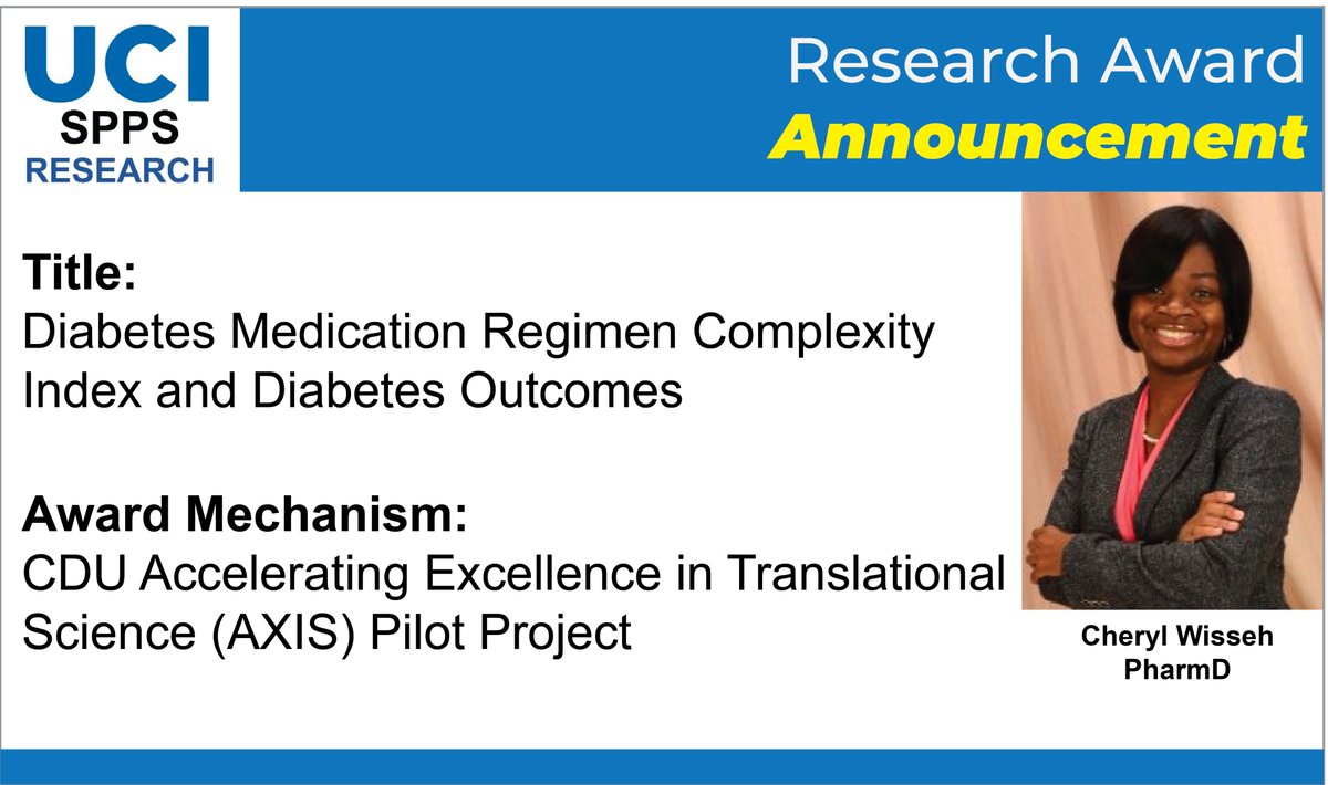 UCI_SPPS_OR's tweet photo. Congratulations to UCI SPPS Assistant Clinical Professor Cheryl Wisseh for receiving a new grant to study diabetic medication regimens. For more information on on her research program go here: https://t.co/1frBefxEpi

@UCIrvine @UCI_SPPS @alexchan928 https://t.co/LWaVKBqtWP