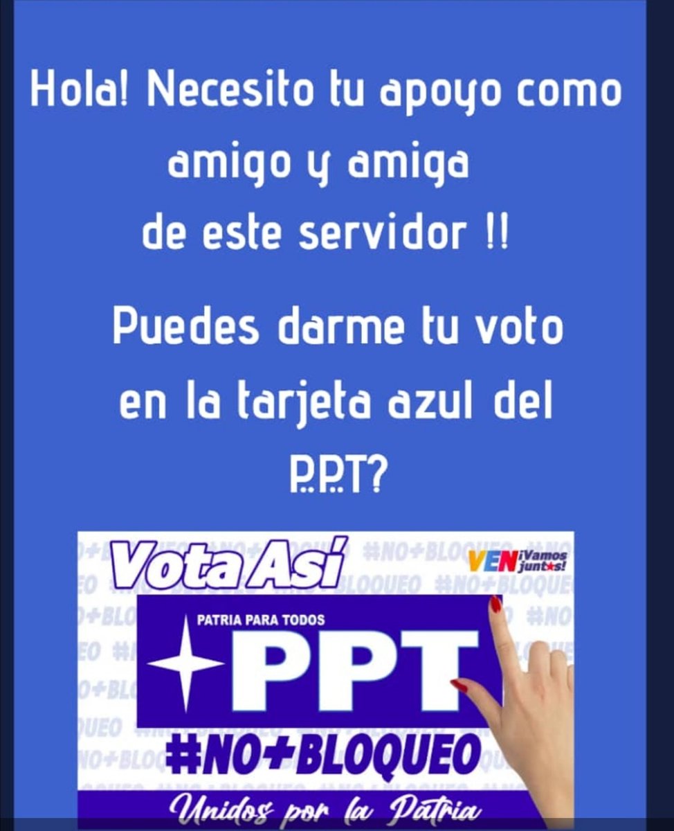 #VamosVenezuela Si en el 2018 nos apoyaste y por causa de la pandemia no nos pudimos ver. Te pido por esta vía que nos sigas apoyando en la tarjeta del PPT este 6 de Diciembre 2020.<a href="/PPTNoserinde/">Venezuela país de paz</a> <a href="/PPTPrensa/">Prensa Patria Para Todos</a> <a href="/beatrizbarraez/">PPTPortuguesaOficial</a> @JPerezAlejo <a href="/PPTIleniMedina/">Ilenia Medina</a> <a href="/pptbarcelona/">Lisett Sabino</a> <a href="/williancontig/">red patria</a>