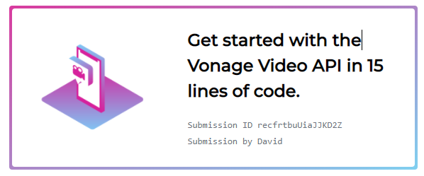 DDavidd56763037's tweet image. I just built a fully working video application in minutes while taking part in the #AngularUP @VonageDev #VideoAPIChallenge! Find out how to get started at nexmo.dev/videoapi