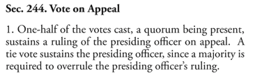 Because the appeal was stated improperly by Chairman Hall, the vote was likewise taken improperly. For the ruling of the chair to stand as the judgement of the committee, a majority vote in the *affirmative* is required. See Mason’s, § 244, p 193. 5/7
