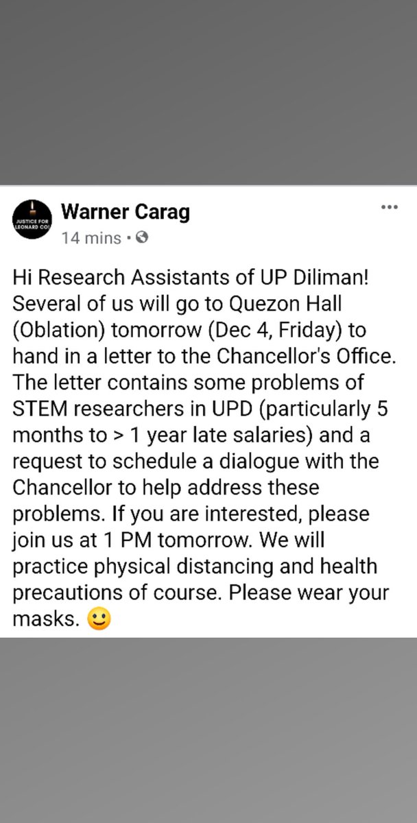 iheartbooger's tweet image. Hi Research Assistants of UPD! Punta tayo sa Chancellor&apos;s Office bukas (Dec 4, Friday, 1PM) para magbigay ng sulat kay Chancellor Nemenzo tungkol sa delayed na sahod ng STEM Researchers! 😷 Sama ka na! #PinoyScientists #ScienceChatPH