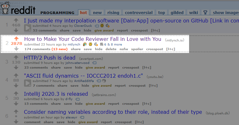 My reddit post faded down to the #2 slot for /r/programming, but it's my second most successful reddit post ever.
