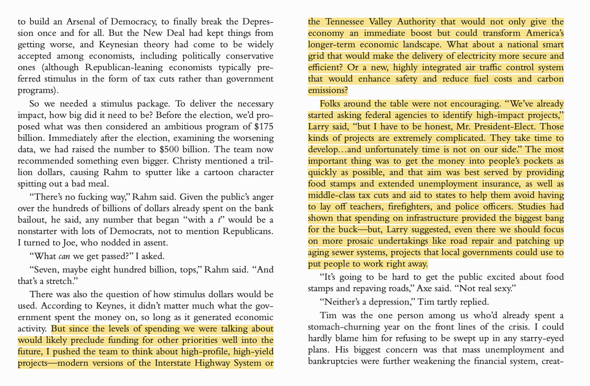 The most depressing part of Obama's book so far. He meets with his team about the economic crisis. Says if we're going to need to spend anyway, why not do some big infrastructure projects? They respond that's too hard and complicated, so let's just give people food stamps.