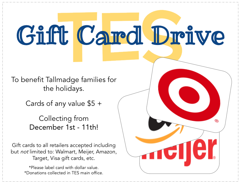 MsDauberman's tweet photo. Now through Dec. 11th, we are collecting gift cards to help our TES families for the holidays! πππ#TallmadgeElementary #GiftCardDrive #holidayhelp https://t.co/COgXdkq5s7