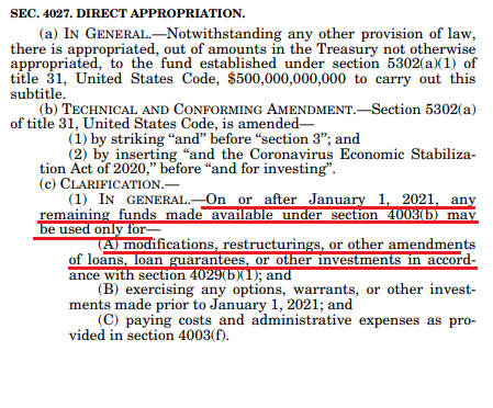 Sections 4027 and 4029 say that the Treasury use any of the $500 billion Congress appropriated, including the $454 billion reserved for Fed lending programs, to make "new loans, loan guarantees, or other investments."